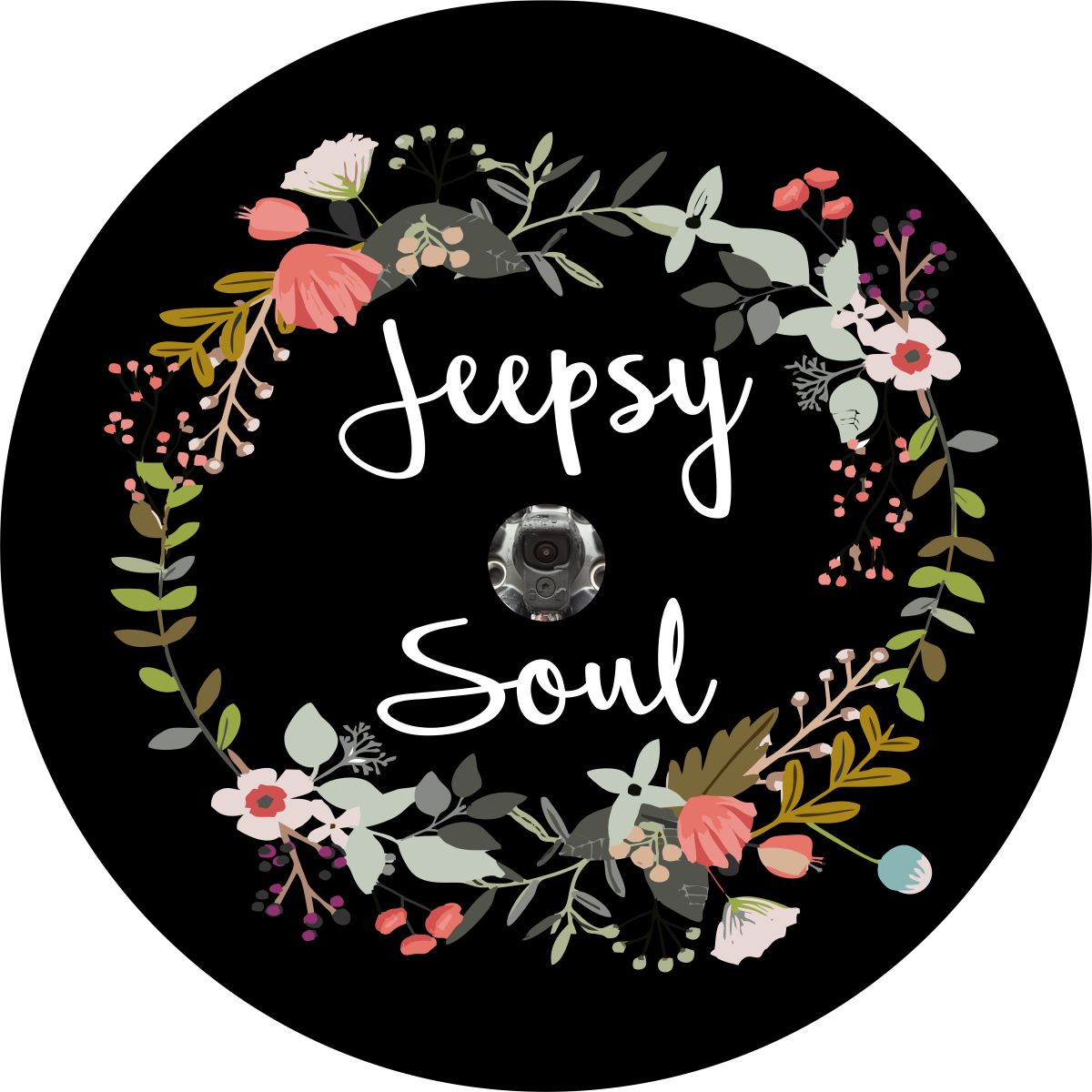 Floral wreath around Jeepsy soul spare tire cover design for Jeep with JL back up camera