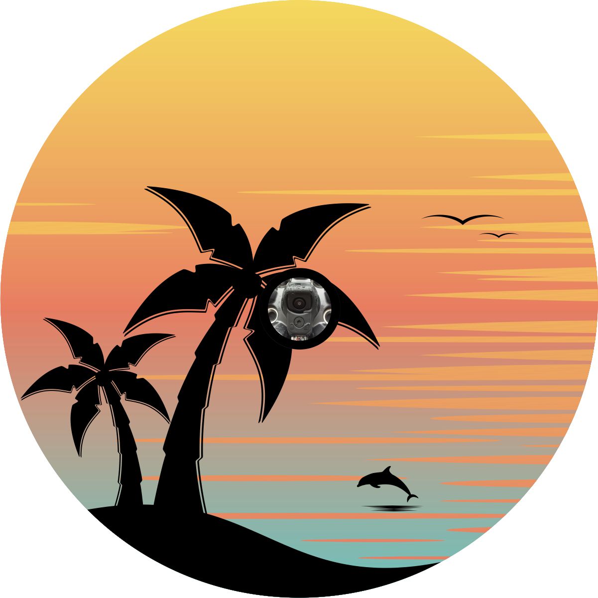 Spare tire cover design with a back up camera of pastel colored tropical scene landscape with the silhouette of palm trees, dolphins, and seagulls at sunset