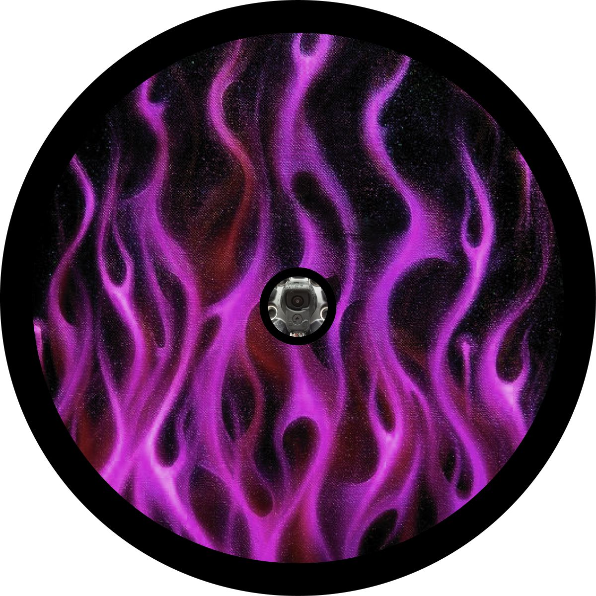 Flames in Purple or Xtreme Purple Spare Tire Cover for Jeep Wrangler, Bronco, RV, Camper, Trailer, and more with a back up camera design.