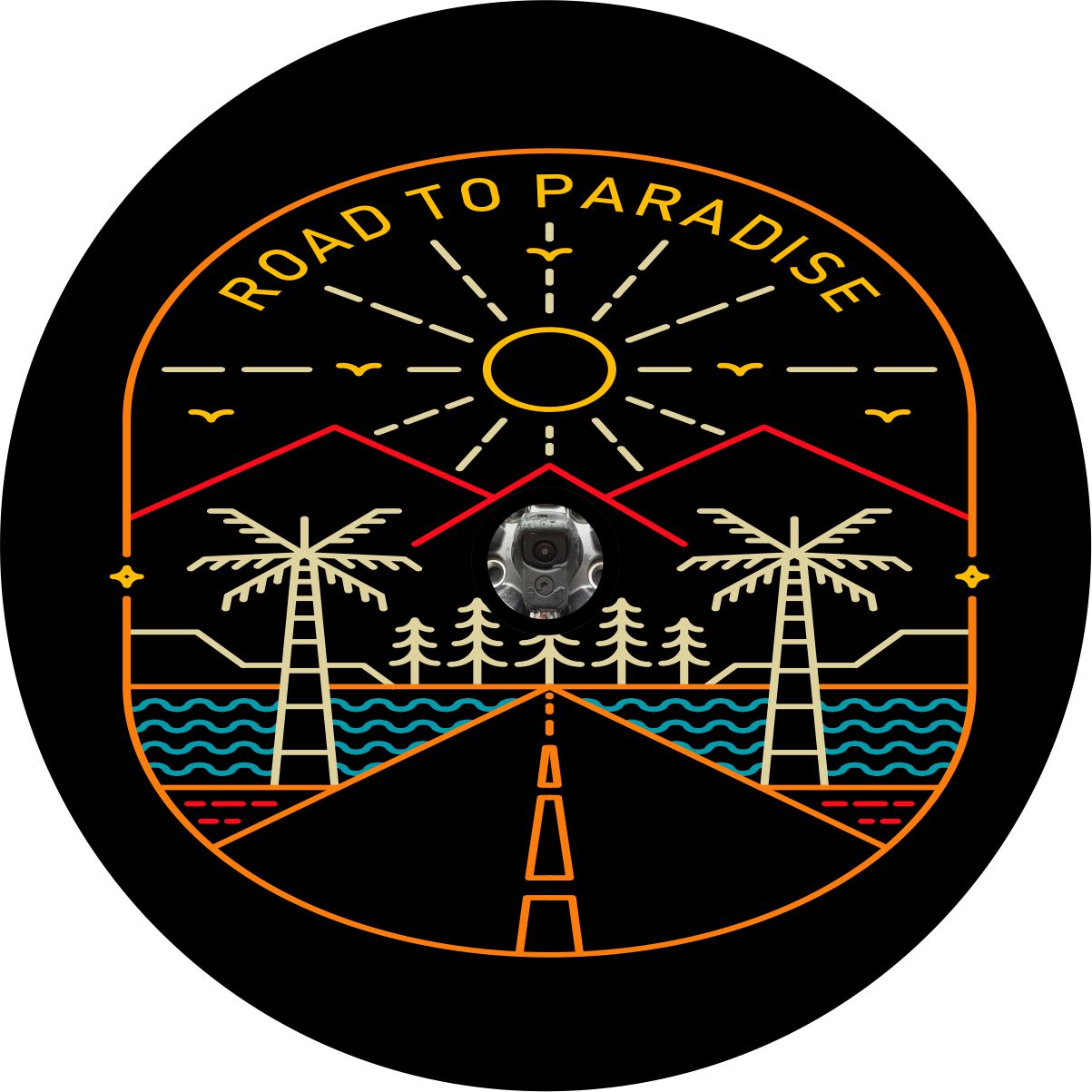 Thin lined designed gives the look of an embroidered spare tire cover design. Road to paradise tire cover with a scene of  road, trees, mountains, and the sun. with a back up camera hole for back up cameras