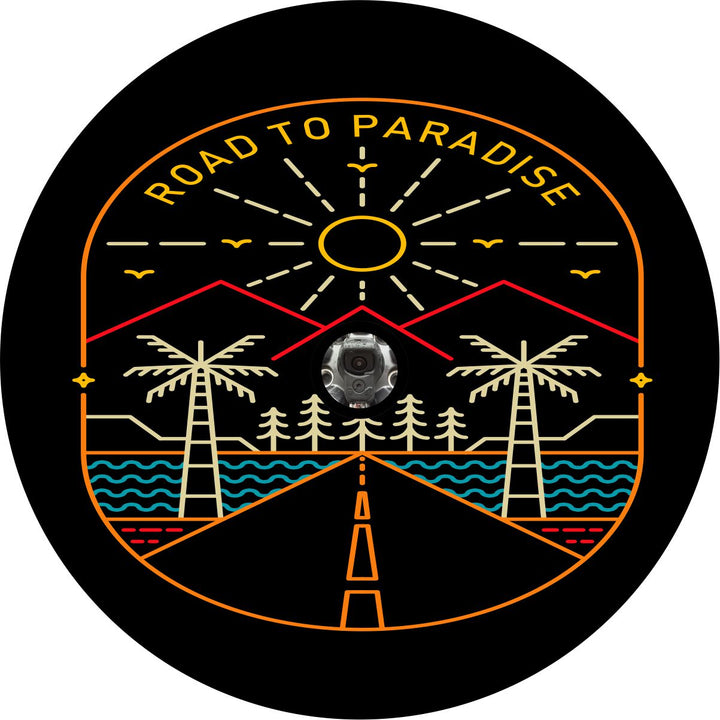 Thin lined designed gives the look of an embroidered spare tire cover design. Road to paradise tire cover with a scene of  road, trees, mountains, and the sun. with a back up camera hole for back up cameras