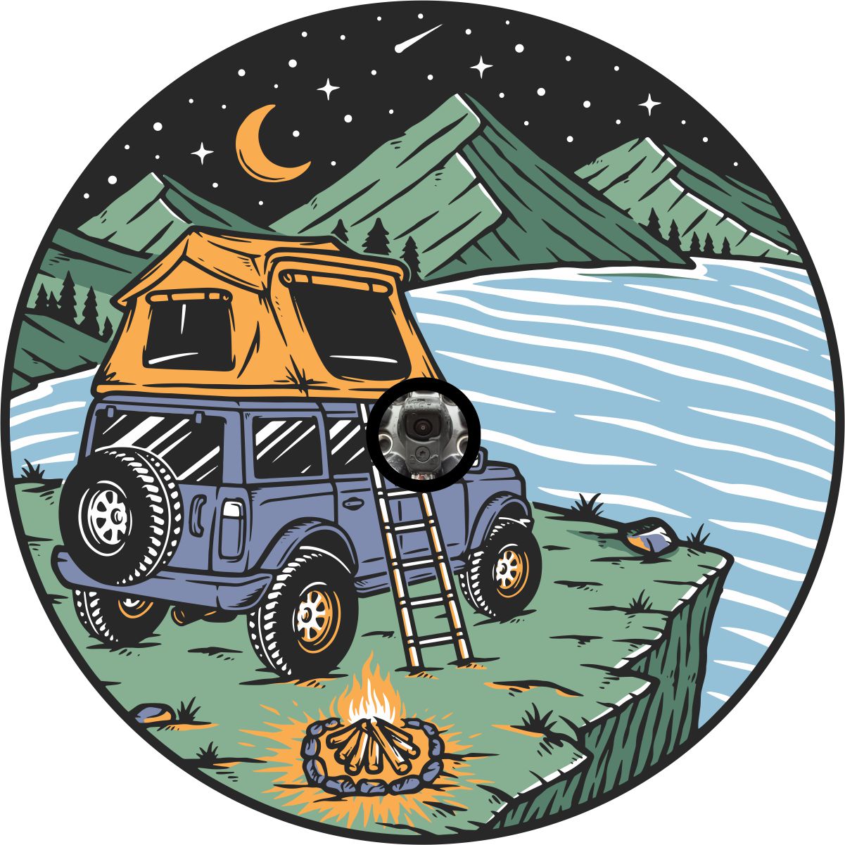 Camping spare tire cover design with a back up camera hole. Campsite camping with your SUV and a rooftop tent on a mountain side overlooking the water under the night sky. Creative spare tire cover for camping enthusiasts.