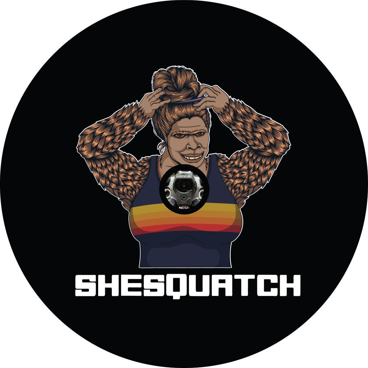 Shesquatch putting her hair in a top knot messy bun black vinyl custom spare tire cover with a JL back up camera design 