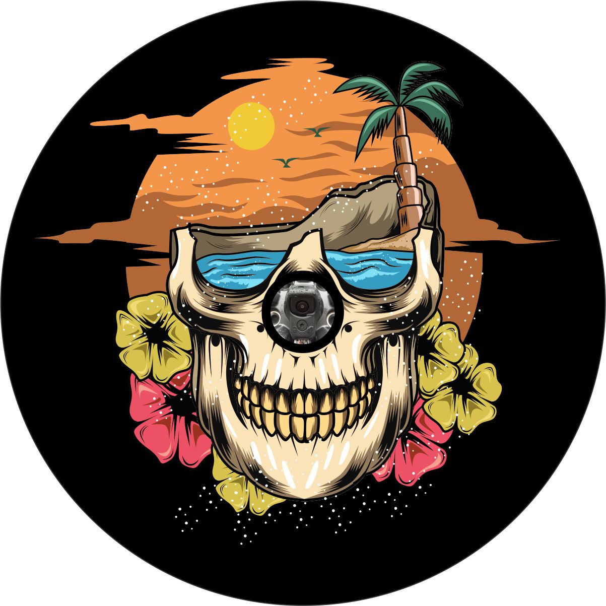 Smiling skull spare tire cover design layered into a beach scene with the ocean, palm trees, and tropical hibiscus flowers for black vinyl covers with a back up camera hole