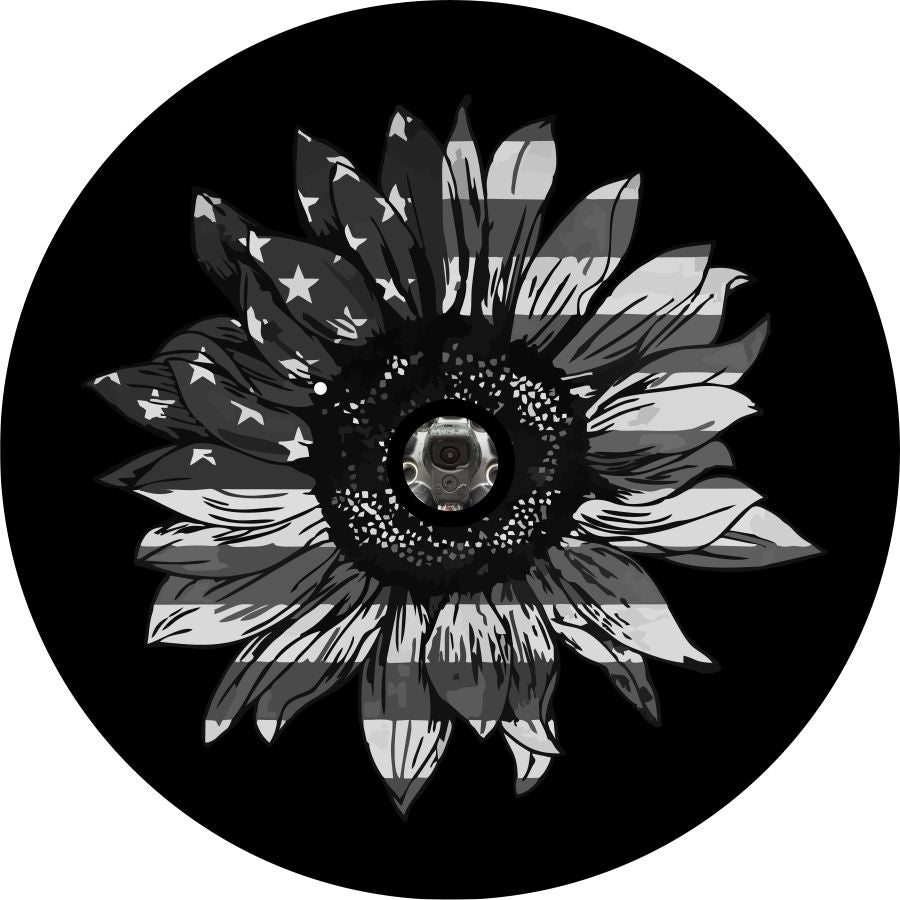 Sunflower American Flag Spare Tire Cover design for any vehicle, make, model, and size. Including Jeep Wranglers, RV, Travel Trailer, Camper, and more! 