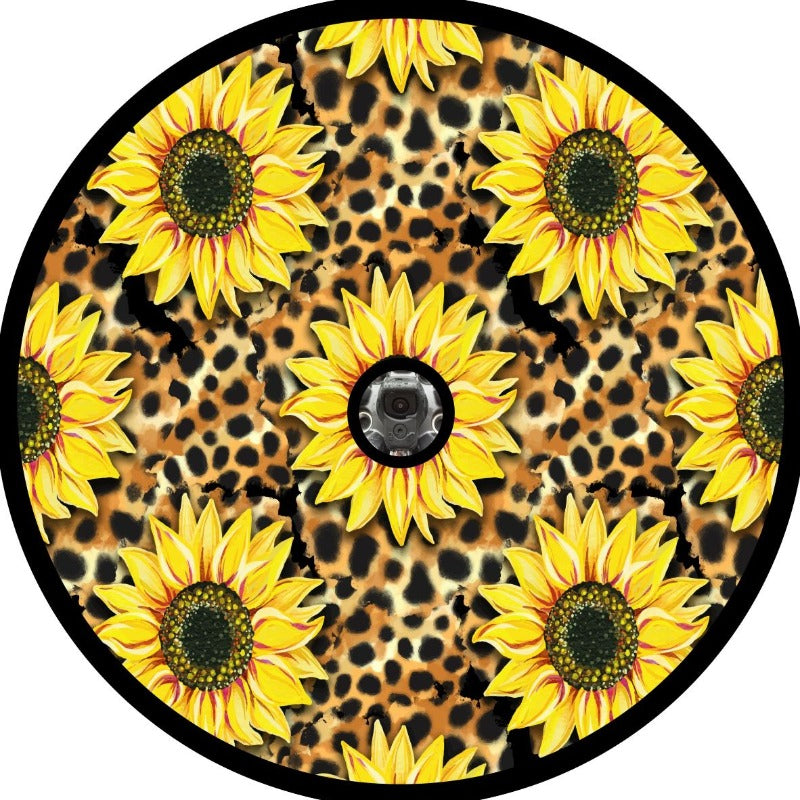 Leopard animal print and sunflower pattern Spare tire cover with back up camera 