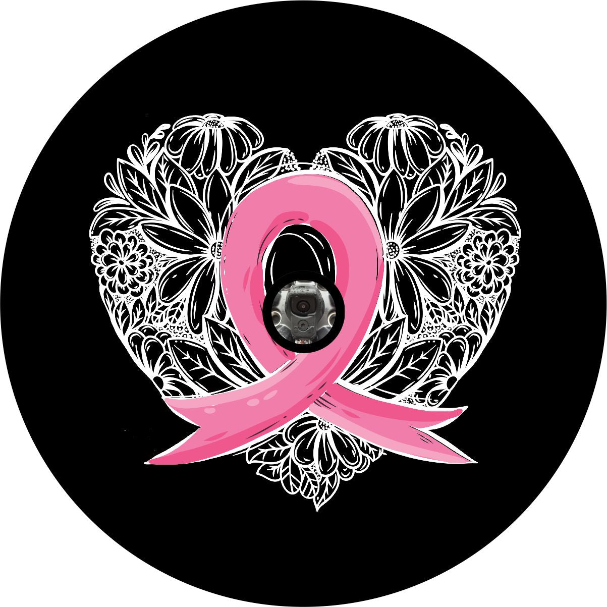 Spare tire cover design on black vinyl of a pink breast cancer ribbon inside a beautiful hand drawn heart of florals. Spare tire cover design with camera hole for Jeep, Bronco, RV, camper, trailers, and more