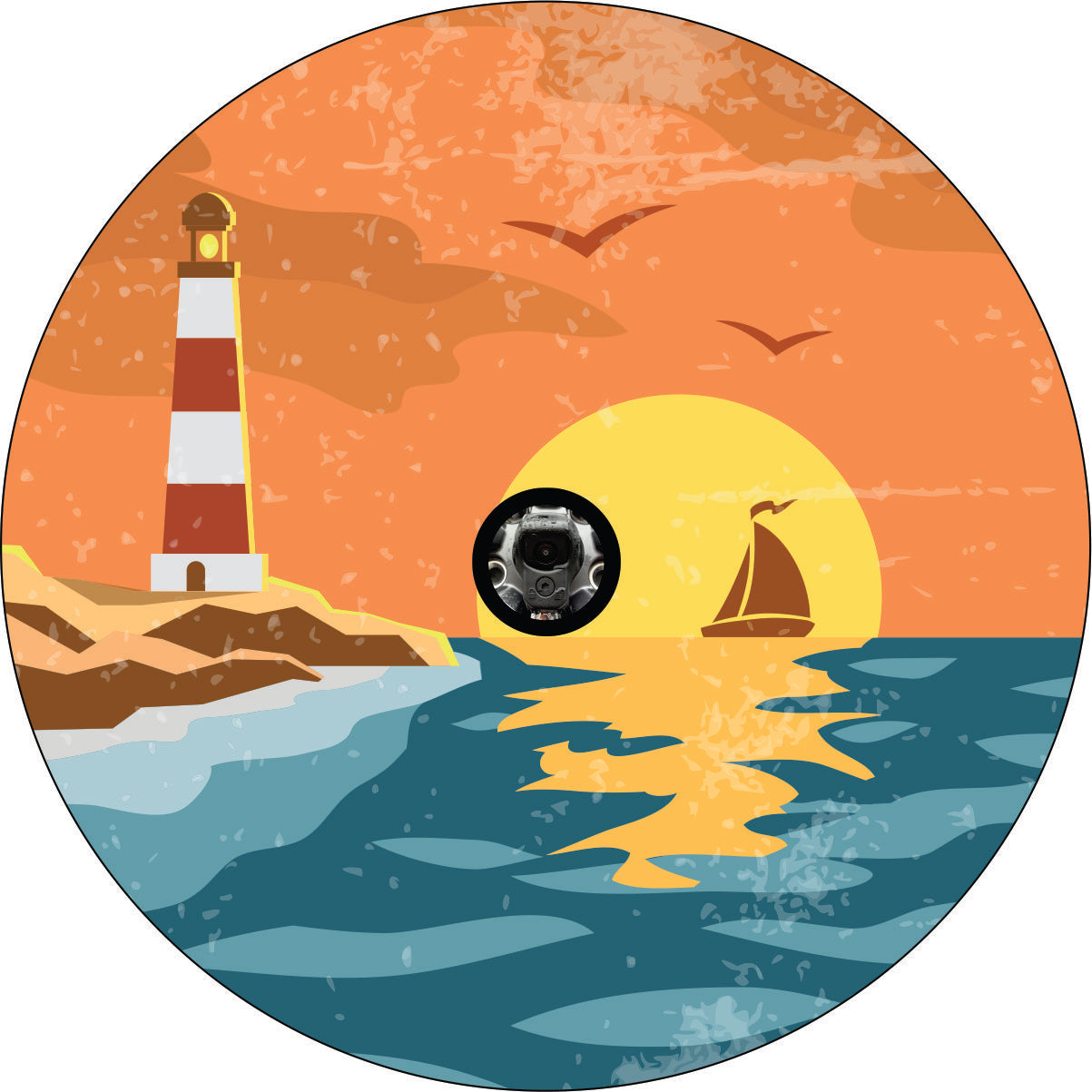 Vintage Lighthouse at the sea Coastal Spare Tire Cover prototype design for Jeep, Bronco, RV, Camper, and more with back up camera