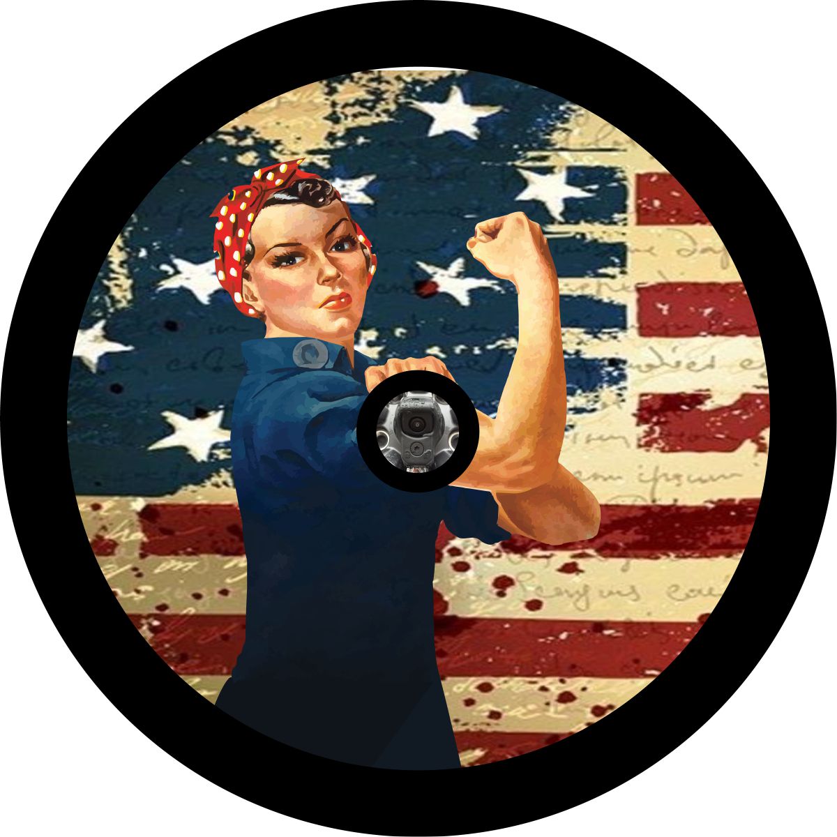 A vintage distressed American flag backdrop with the original vintage Rosie the Riveter spare tire cover design. The iconic Rosie the Riveter as a spare tire cover. Jeep spare tire cover with camera hole design.