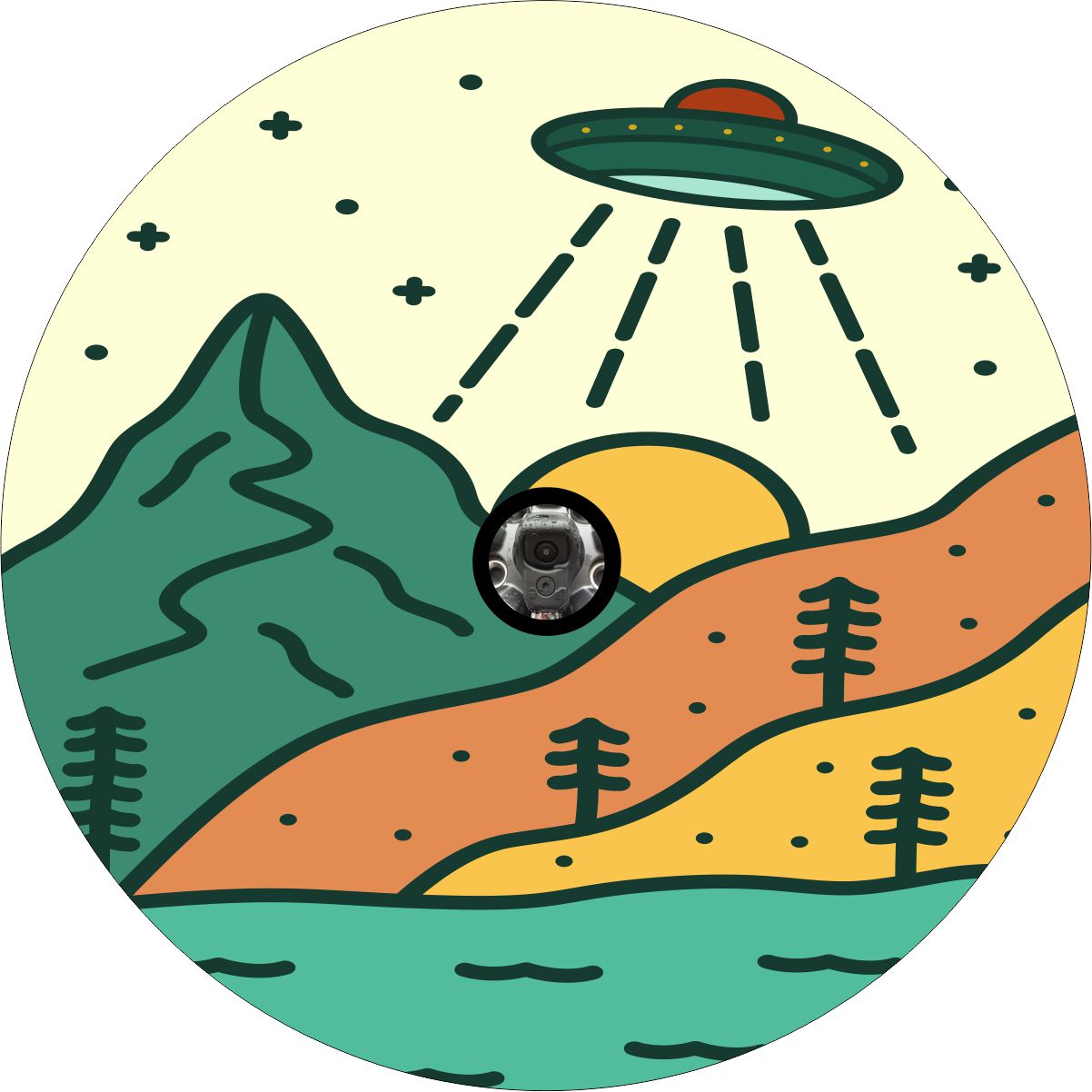 Green, orange, and yellow colored scene of a UFO aliens coming down into the mountains with the sun setting spare tire cover design custom made to order with a camera hole for back up camera.