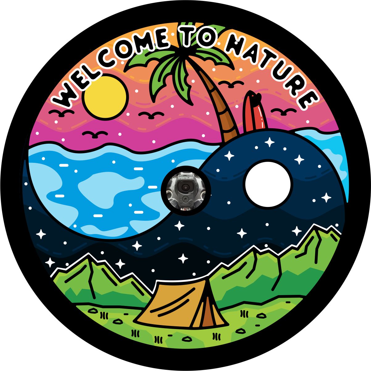 Creative and unique spare tire cover. Yin yang design with welcome to nature. Displaying the best of nature including the tropical coastal beach to camping under the stars in the mountains. Spare tire cover design with camera hole