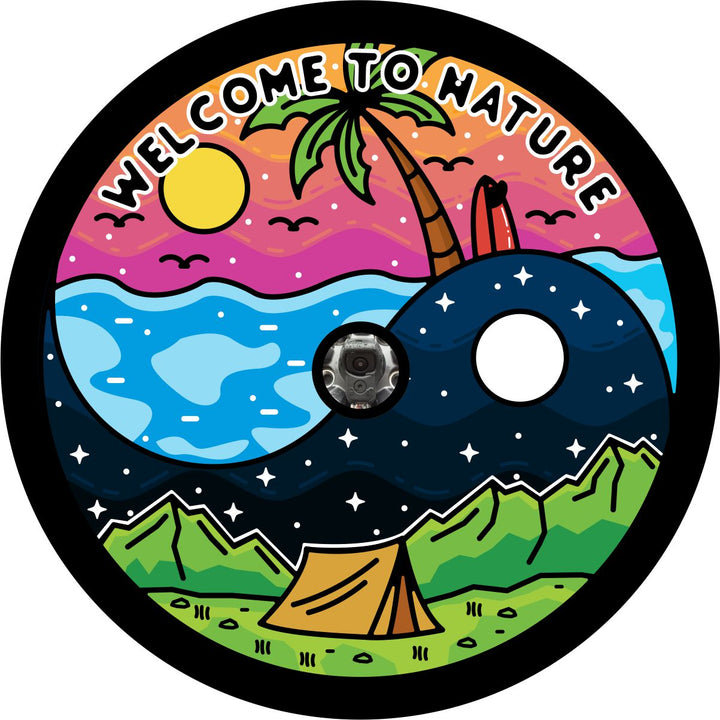 Creative and unique spare tire cover. Yin yang design with welcome to nature. Displaying the best of nature including the tropical coastal beach to camping under the stars in the mountains. Spare tire cover design with camera hole