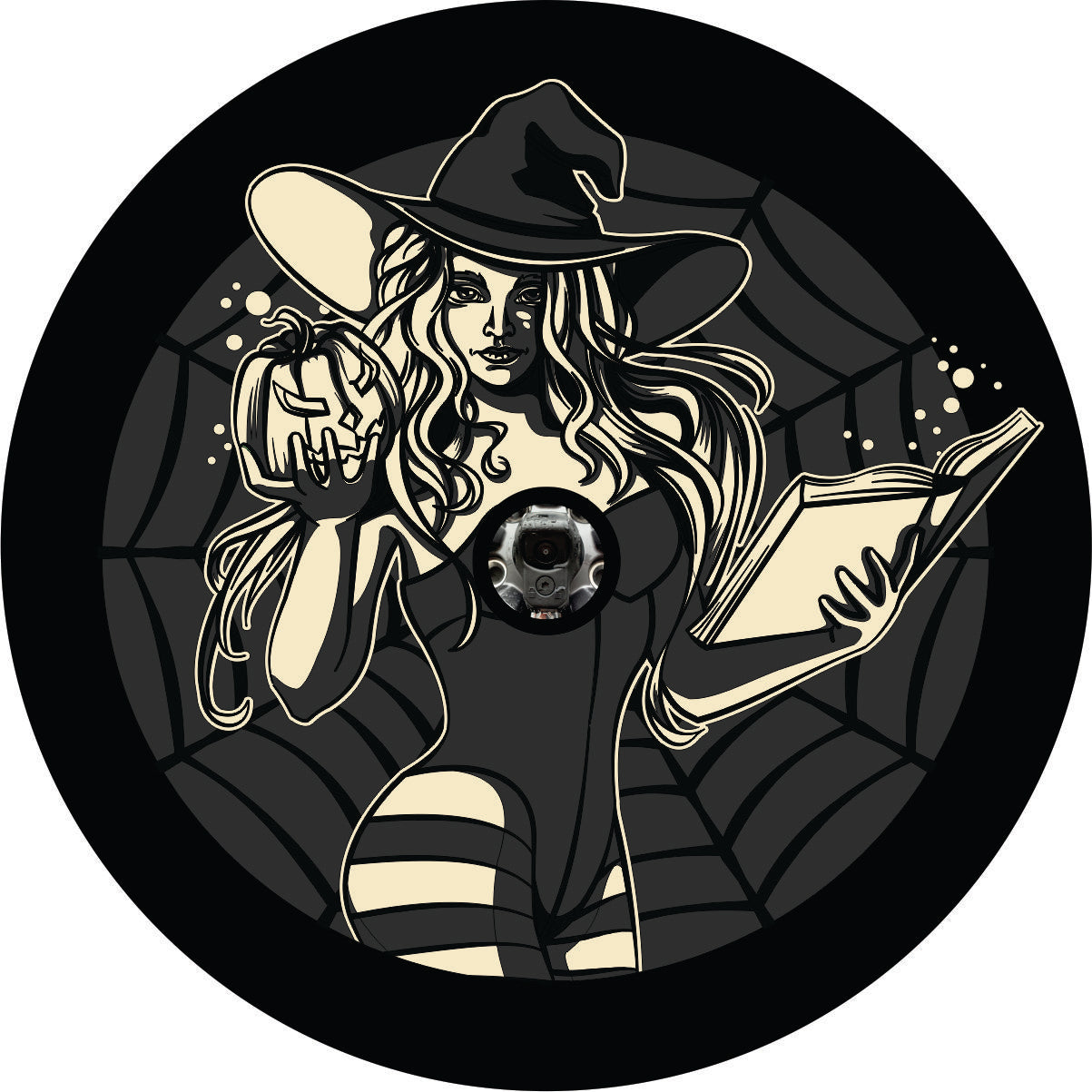 A spooky sexy graphic image of a witch in a corset and striped stockings holding a pumpkin and a book with a spider web in the back ground spare tire cover design with back up camera for Jeep, RV, campers, Bronco, and more.