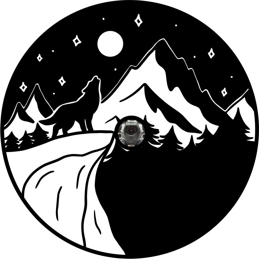 Spare tire cover for a Jeep, Bronco, RV, Camper, Trailer, or other vehicle with a silhouette graphic of a wolf howling at the moon on a mountainside  with space for JL backup camera