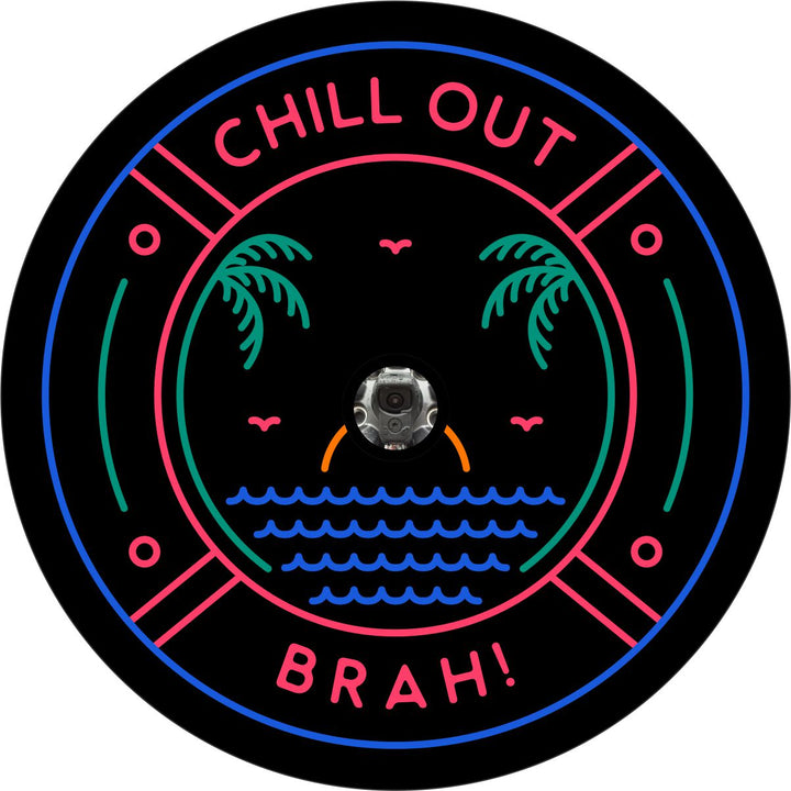 Black vinyl spare tire cover with neon thin line beach tropical design and the saying chill out brah made with a camera hole for backup cameras