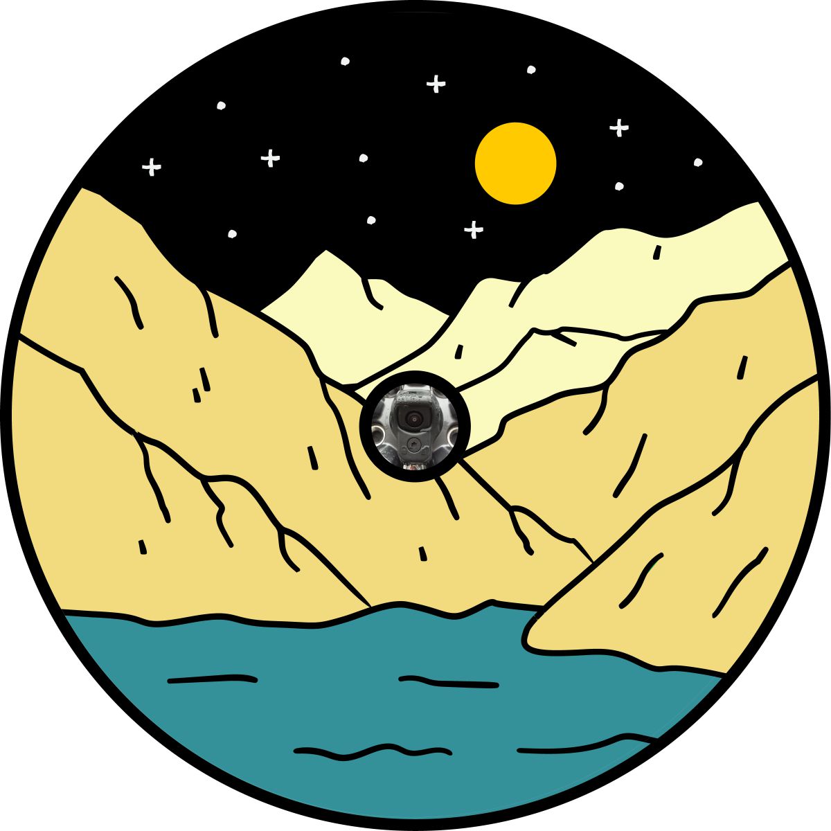 Graphic designed spare tire cover for vehicles with backup cameras. Mountains and water under the dark starry moonlit sky.