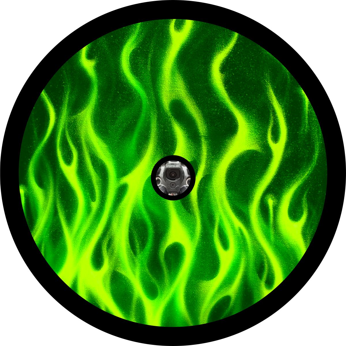 Spare tire cover - neon green flames, Gecko green Jeep Wrangler spare tire cover. Spare tire cover for RV, Bronco, Jeep, Camper, and more. Made with a back-up camera design