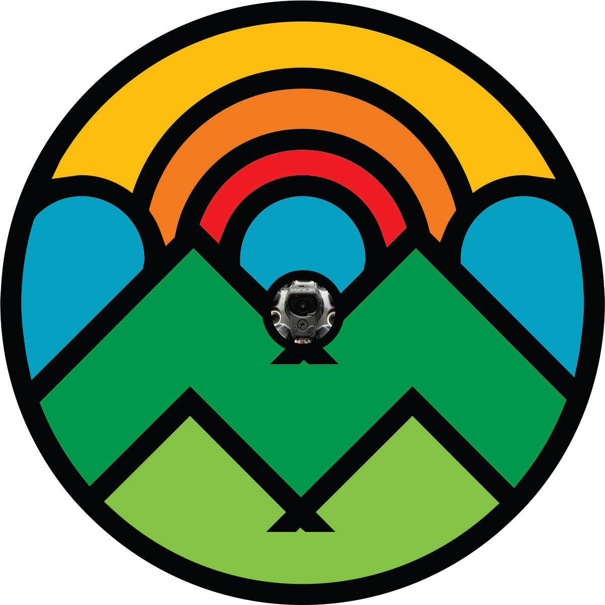 Big shapes and bright bold colors outlined in black make up the illusion of a mountain and sun scene spare tire cover design with a back up camera hole. 