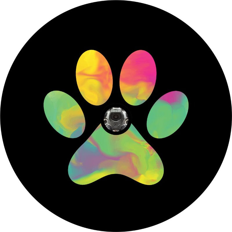 Tie dye paw print design on a black vinyl spare tire cover for a Jeep, Bronco, RV, camper, and any other vehicle request. Design is made for a back up camera