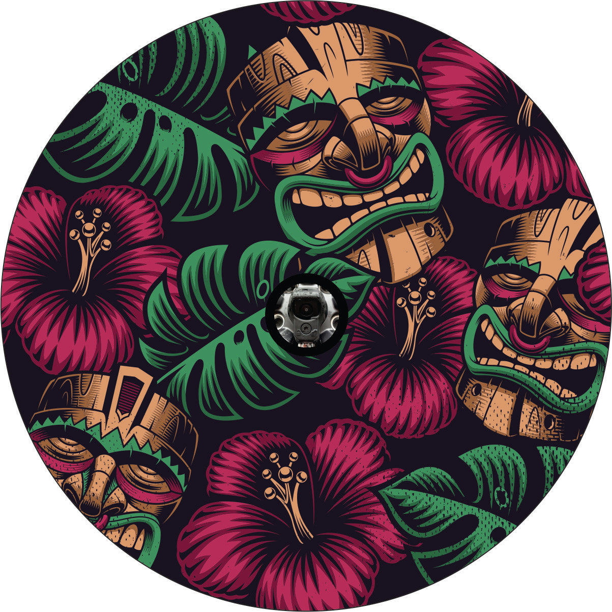 Hibiscus flowers and tiki mask pattern custom made to order spare tire cover design for black vinyl wheel covers on Jeeps, RV, Campers, Trailers, Broncos and more. Designed to fit vehicle wheel covers that need a camera hole. 