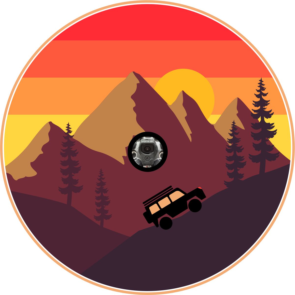 Vintage designed spare tire cover with camera hole for Jeep, RV, trailers, campers, CR-V, FJ Cruiser, Bronco, and more. An SUV off-road in the mountains with an ombre sunset background.