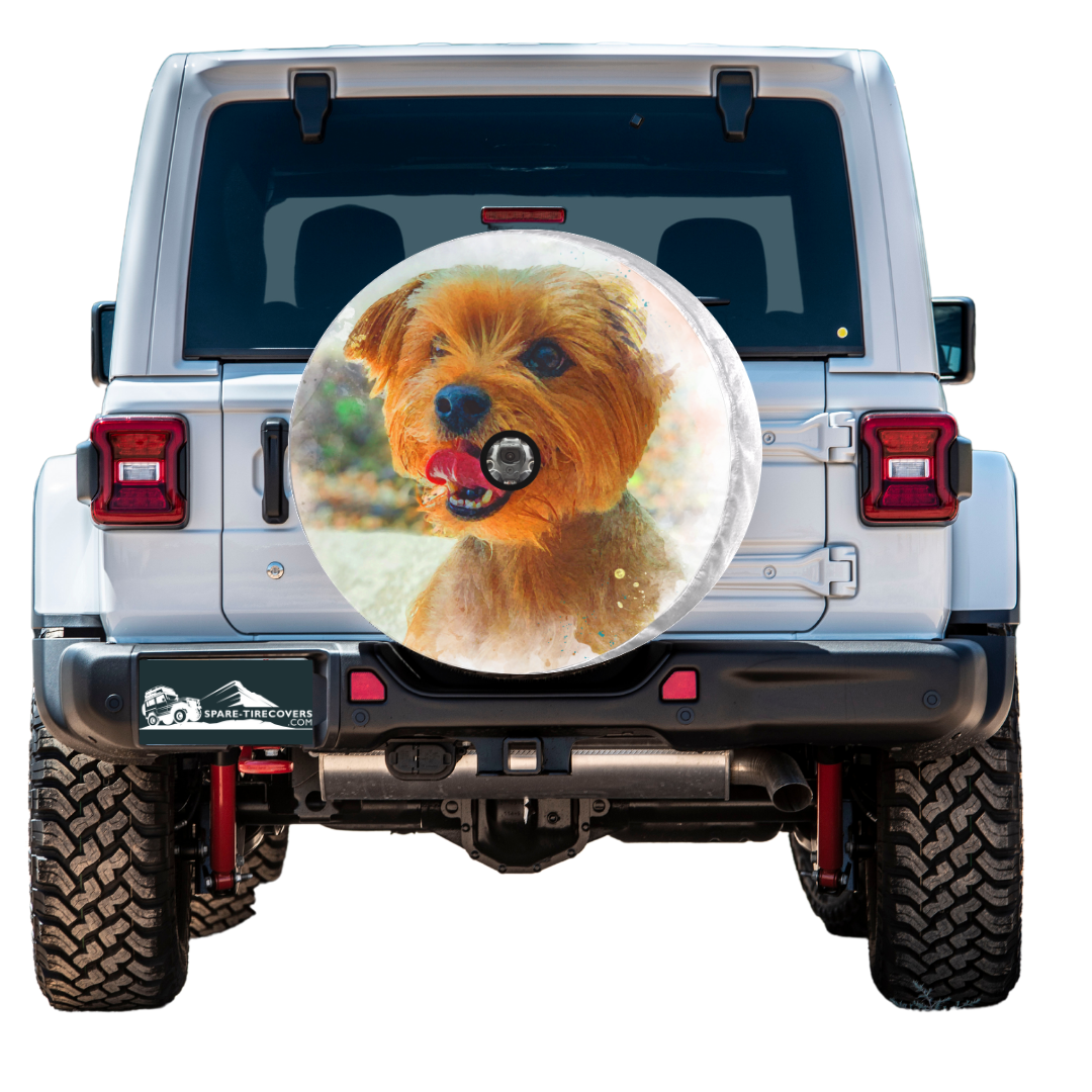 Custom spare tire cover of your dog in a full color for Jeep, Bronco, RV, Trailer, Camper, and more with a back up camera