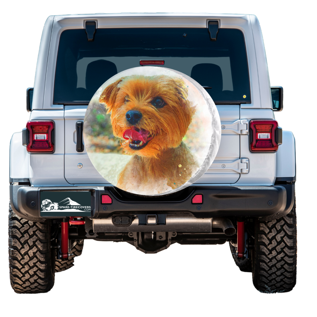 Custom spare tire cover of your dog in full color for Jeep, Bronco, RV, Trailer, Camper, and more