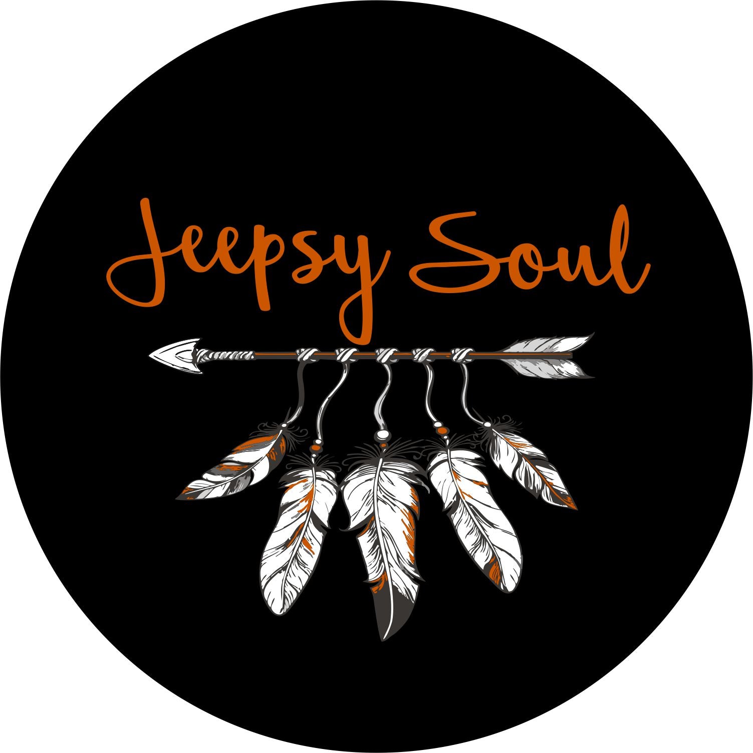 Jeepsy Soul with an Arrow and feather spare tire cover for Jeep design in orange