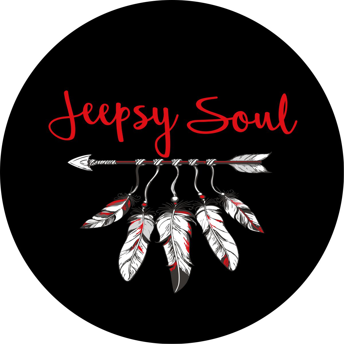 Jeepsy Soul with an Arrow and feather spare tire cover for Jeep design in red