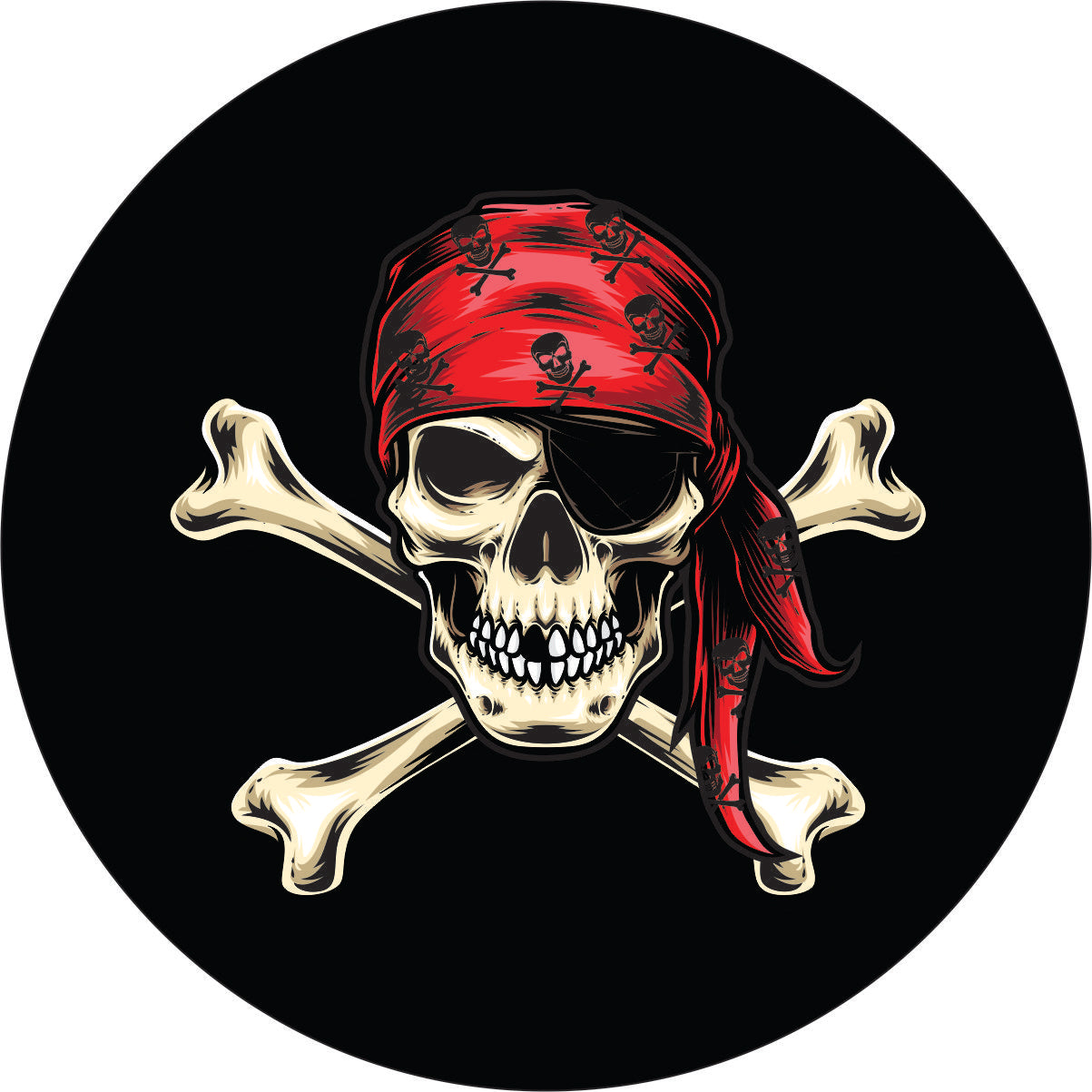 Graphic design skull and cross bones pirate spare tire cover with an eye patch and bandana over the skull. Spare tire cover design for any vehicle make and model such as a Jeep, RV, trailer, Bronco, camper, and more.