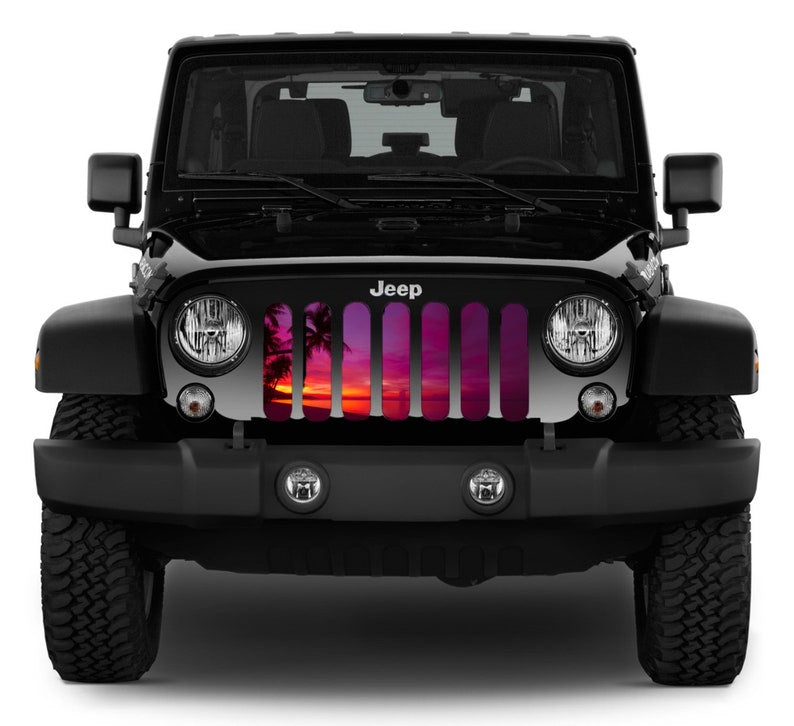 A beautiful array of purple, orange, and yellow coloring that sets the sky on fire in this sunset tropical landscape grille insert design for Jeep.