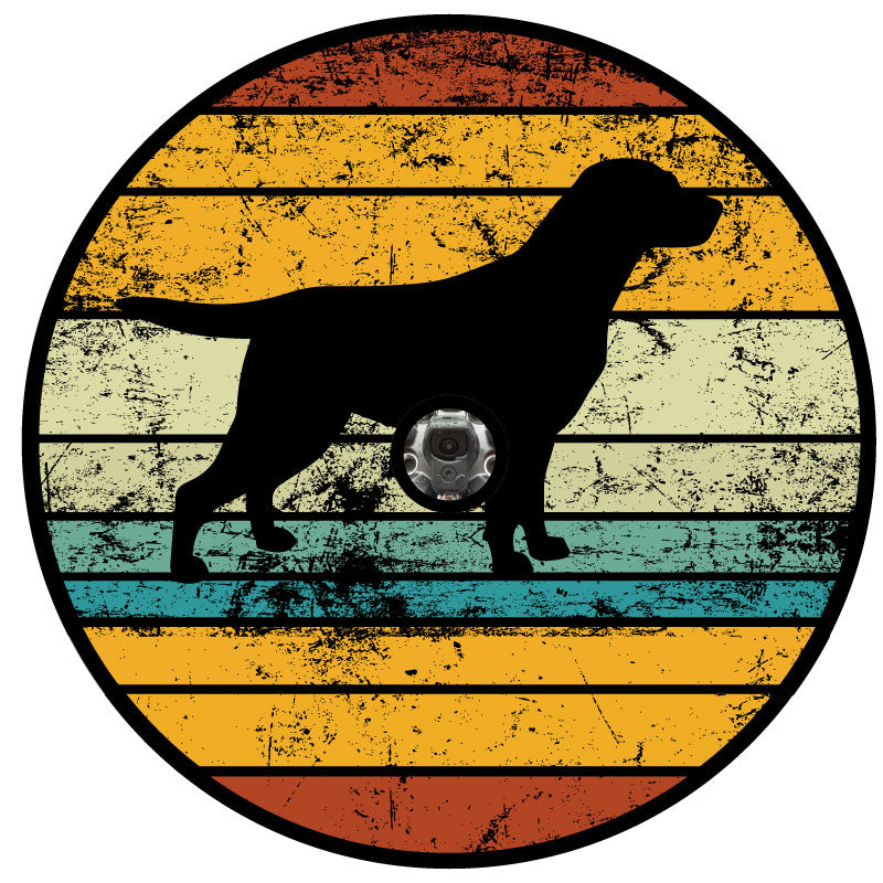 Black vinyl spare tire cover of a silhouette of a labrador retriever with a rustic vintage striped background and a JL back up camera design
