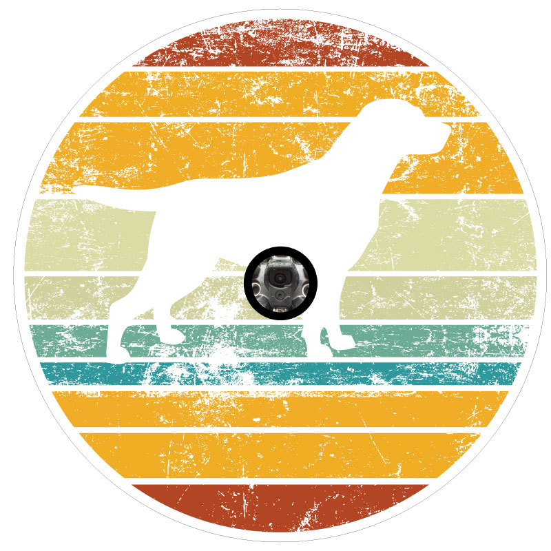 White vinyl spare tire cover of a silhouette of a labrador retriever with a rustic vintage striped background and a JL back up camera design
