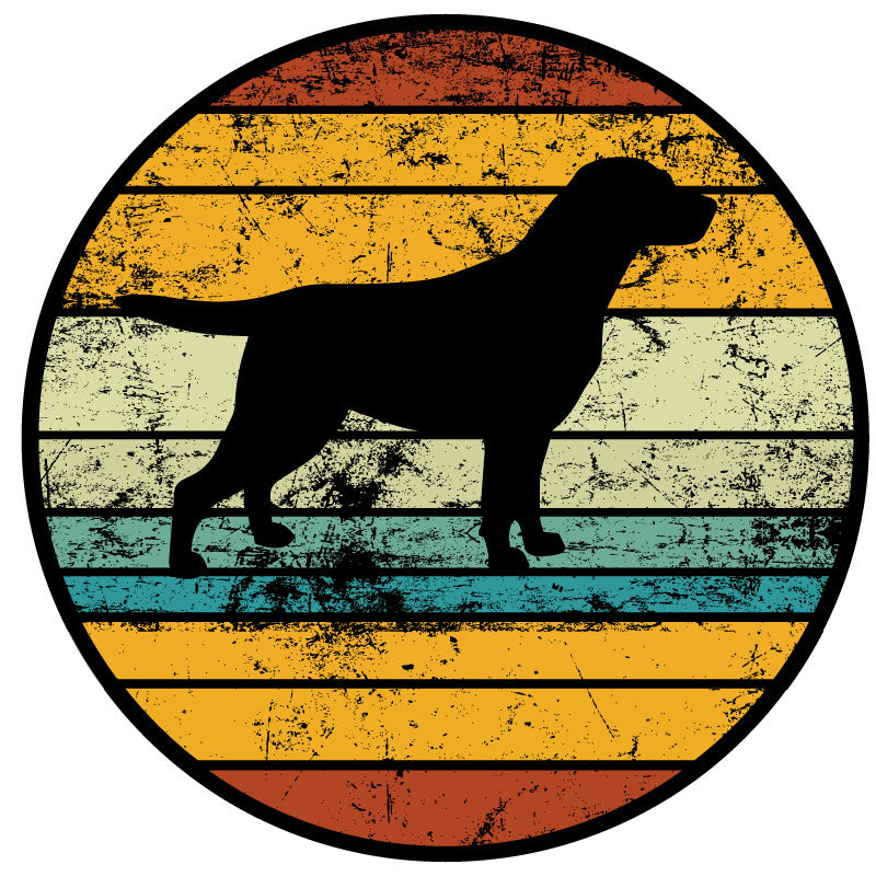 Black vinyl spare tire cover of a silhouette of a labrador retriever with a rustic vintage striped background