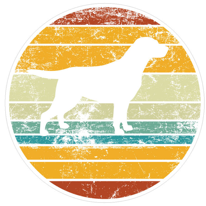 White vinyl spare tire cover of a silhouette of a labrador retriever with a rustic vintage striped background