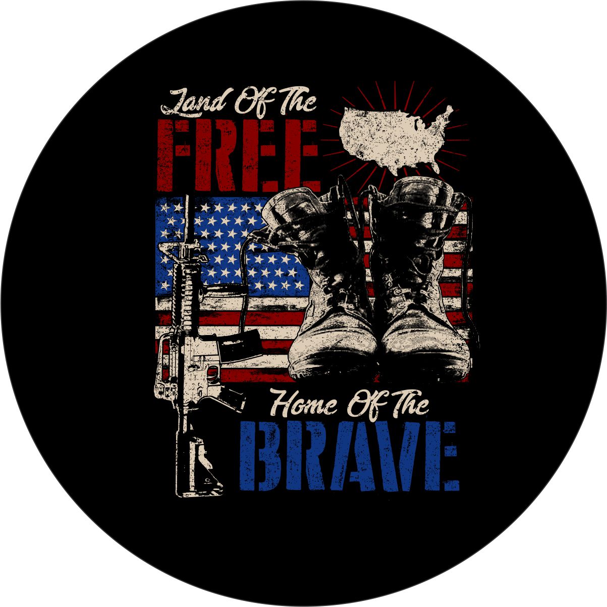Patriotic spare tire cover design with images of a military rifle, boots, and a silhouette of the United States on top of an American flag and the quote, "land of the free home of the brave"