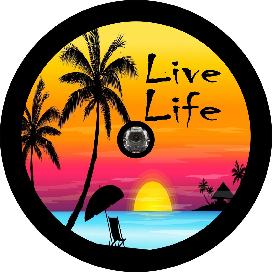 Live Life Colorful Beach Sunset Scene Spare Tire Cover