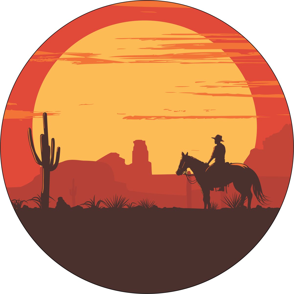 A western dream spare tire cover design with a cowboy on horse back staring off into the desert mountains, ready to ride into the sunset.