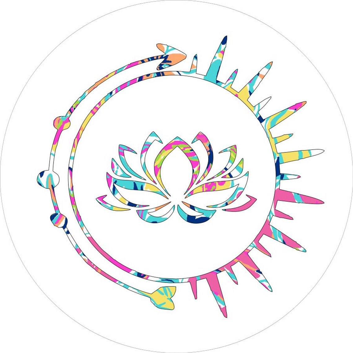 Tie-dye Lotus flower inside a sun image and arrow on white vinyl