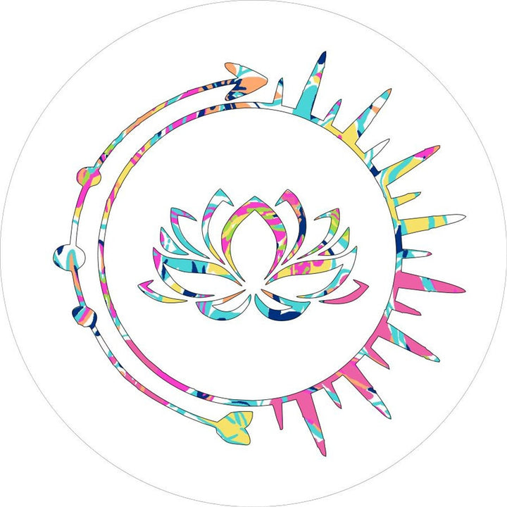 Tie-dye Lotus flower inside a sun image and arrow on white vinyl