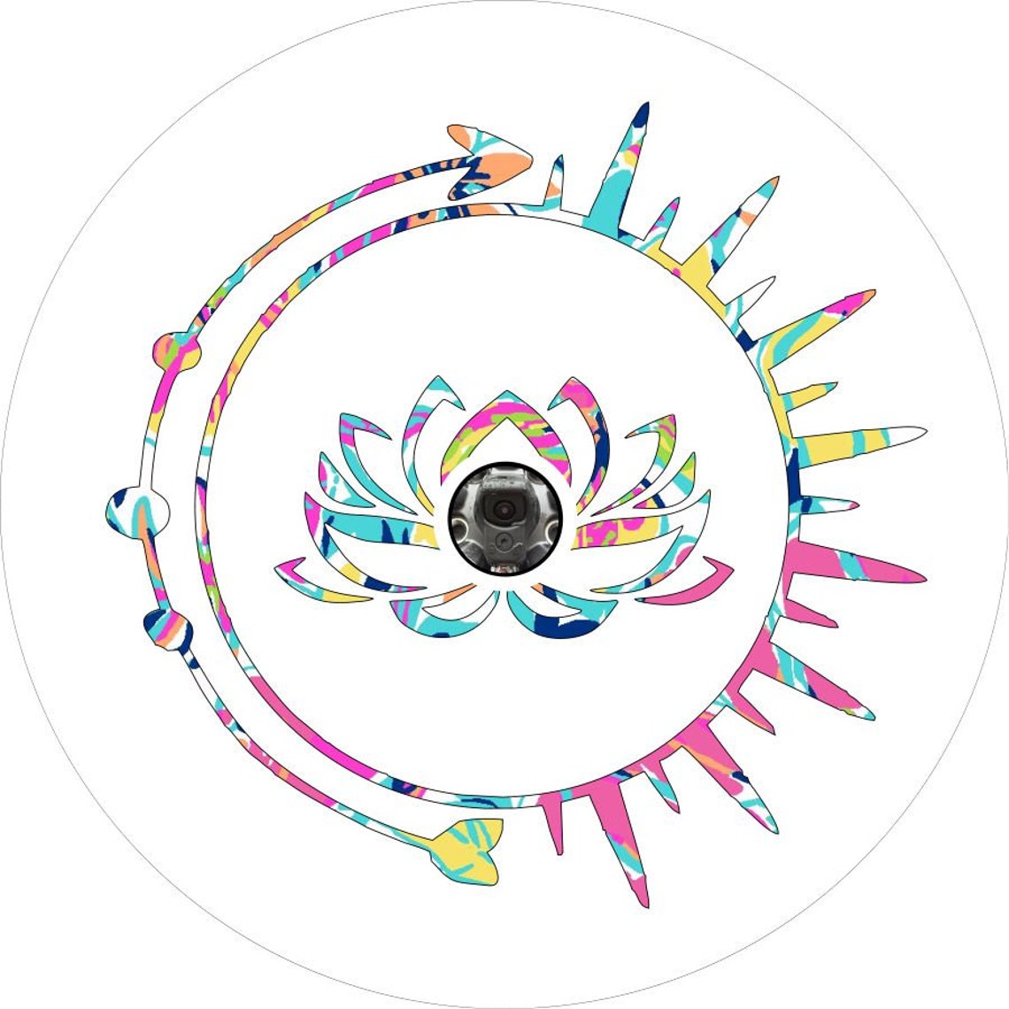 Tie-dye Lotus flower inside a sun image and arrow on white vinyl for vehicles with backup camera