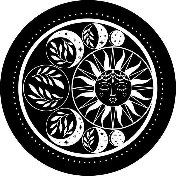 Detailed Moon Phase Around the Sun on a spare tire cover design 