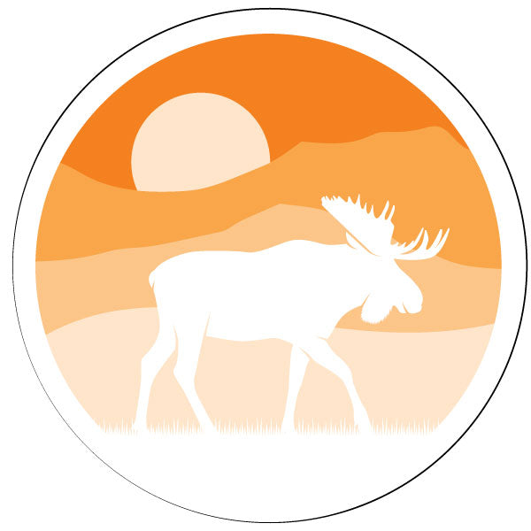Spare tire cover design of a simple white silhouette of a moose walking with the background sunset in an orange Ombre design that can be custom made to fit the spare tire cover for a Jeep, Bronco, RV, travel trailer, camper, and more