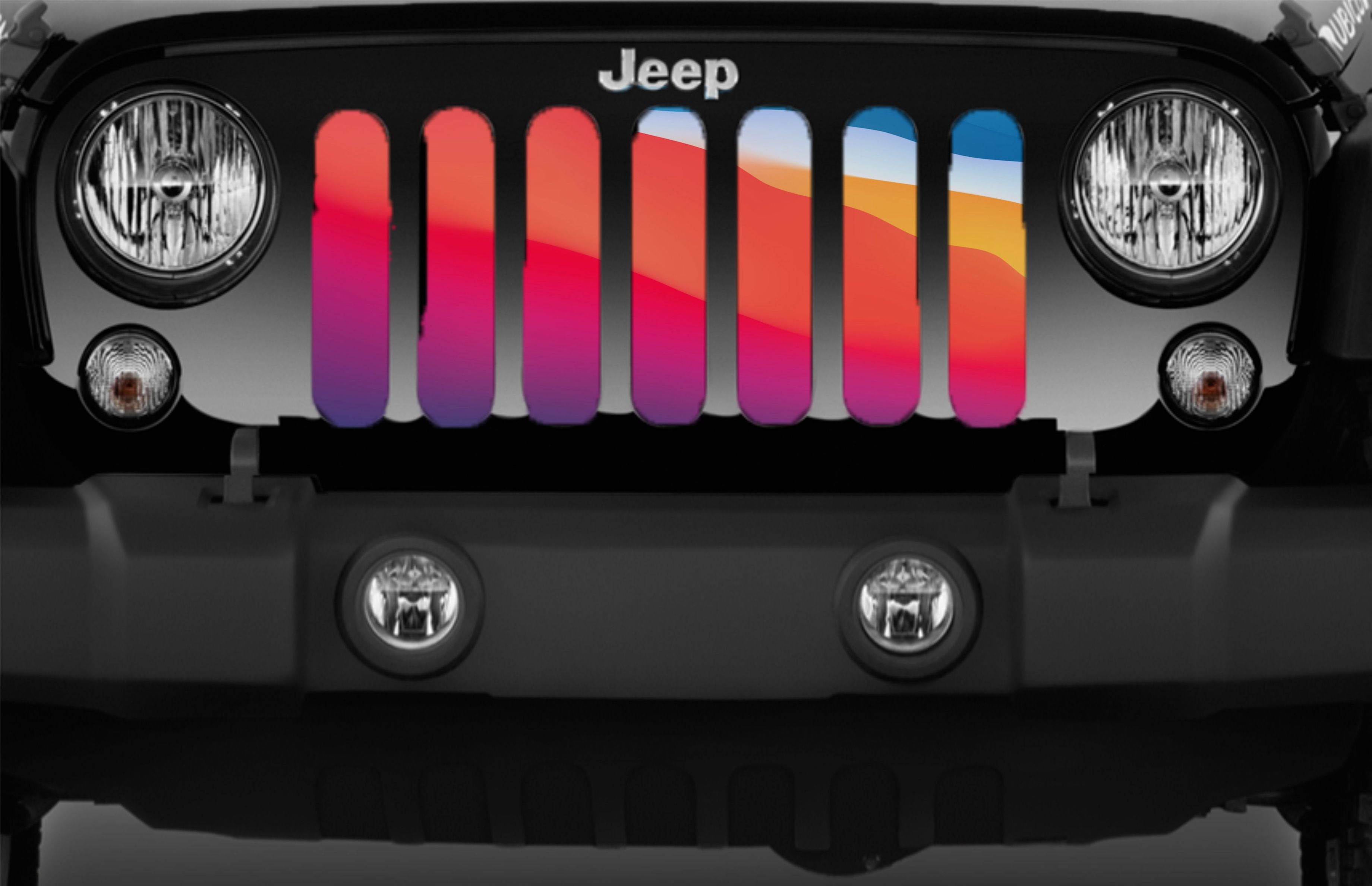 a close up view of the Multicolor Mountain Ombre Grille Insert for Jeep