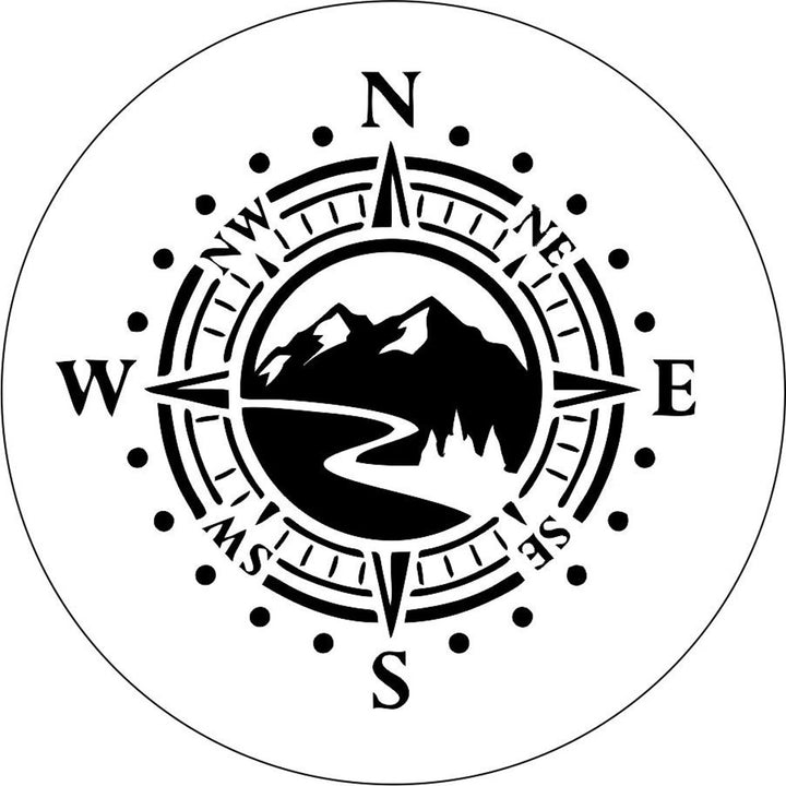 Mock up spare tire cover design for white vinyl spare tire covers. Design is a mountain road with a compass.