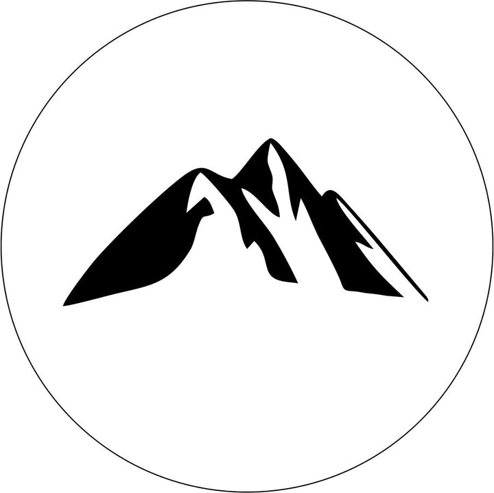 Mockup design of a white vinyl spare tire cover for an RV, camper, Jeep, trailer, Bronco, van, motorcoach or any other vehicle with an external spare wheel. Design is a simple mountain silhouette graphic