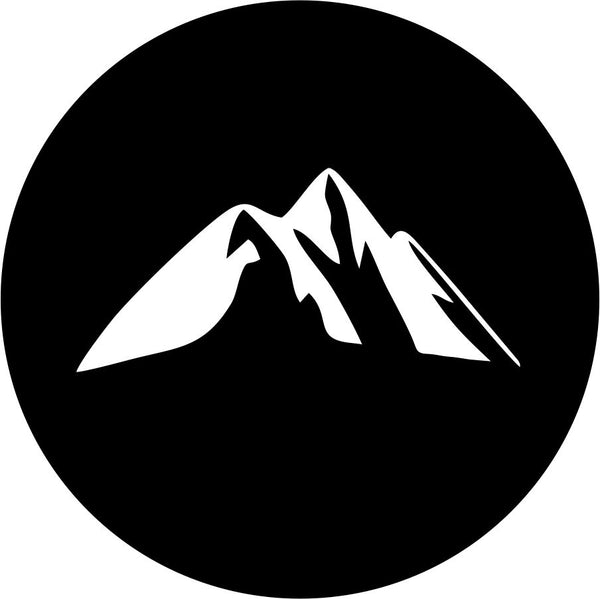 Mockup design of a black vinyl spare tire cover for an RV, camper, Jeep, trailer, Bronco, van, motorcoach or any other vehicle with an external spare wheel. Design is a simple mountain silhouette graphic