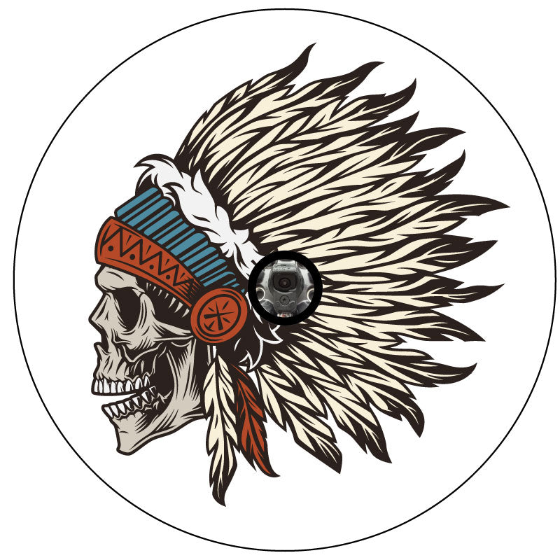 Fierce Native American warrior skull design. Profile view of skull with headdress on white vinyl with camera hole