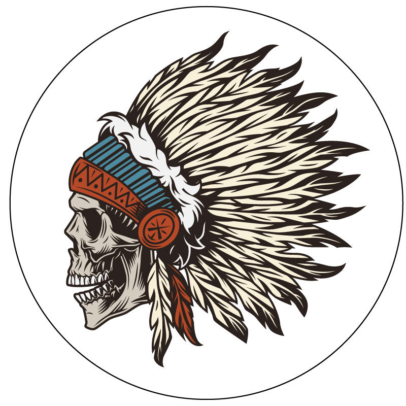 Side profile view of a skull wearing a native american headdress indian chief warrior spare tire cover design for Jeep, RV, Bronco, van, trailer, camper, and more on white vinyl