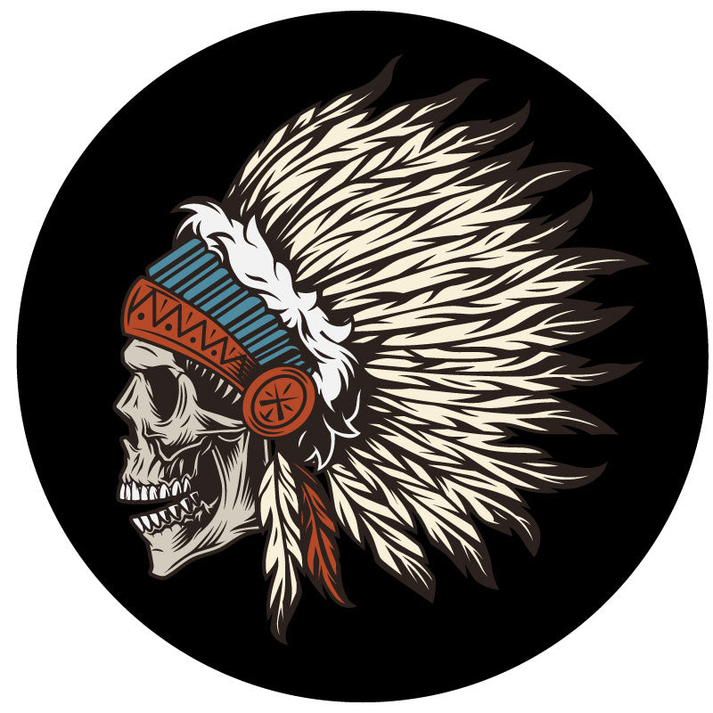 Fierce Native American warrior skull design. Profile view of skull with headdress on black vinyl